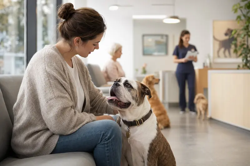 Neue Englische Bulldogge sitzt ruhig neben ihrem Besitzer im hellen Wartezimmer einer modernen Tierarztpraxis.